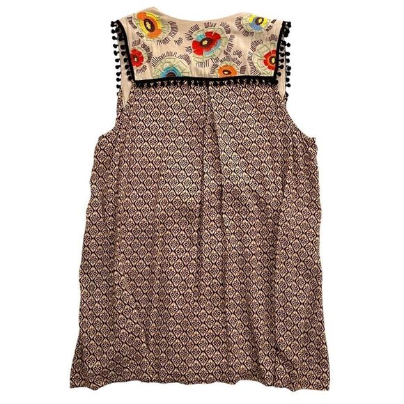 Ivy Jane Embroidered Notched Bib Pom Pom Trim Patterned Swing Sleeveless Top - Picture 8 of 16